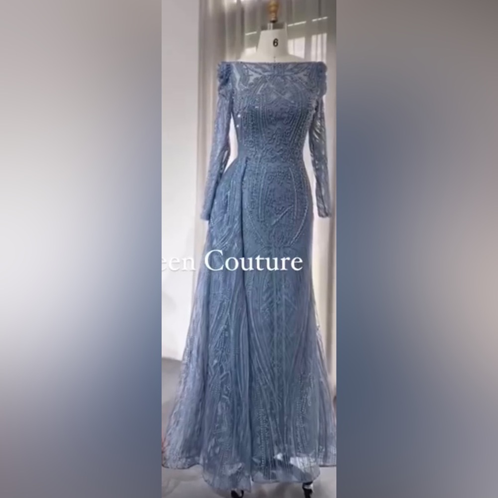 Modest Blue long sleeve long dress with side skirt